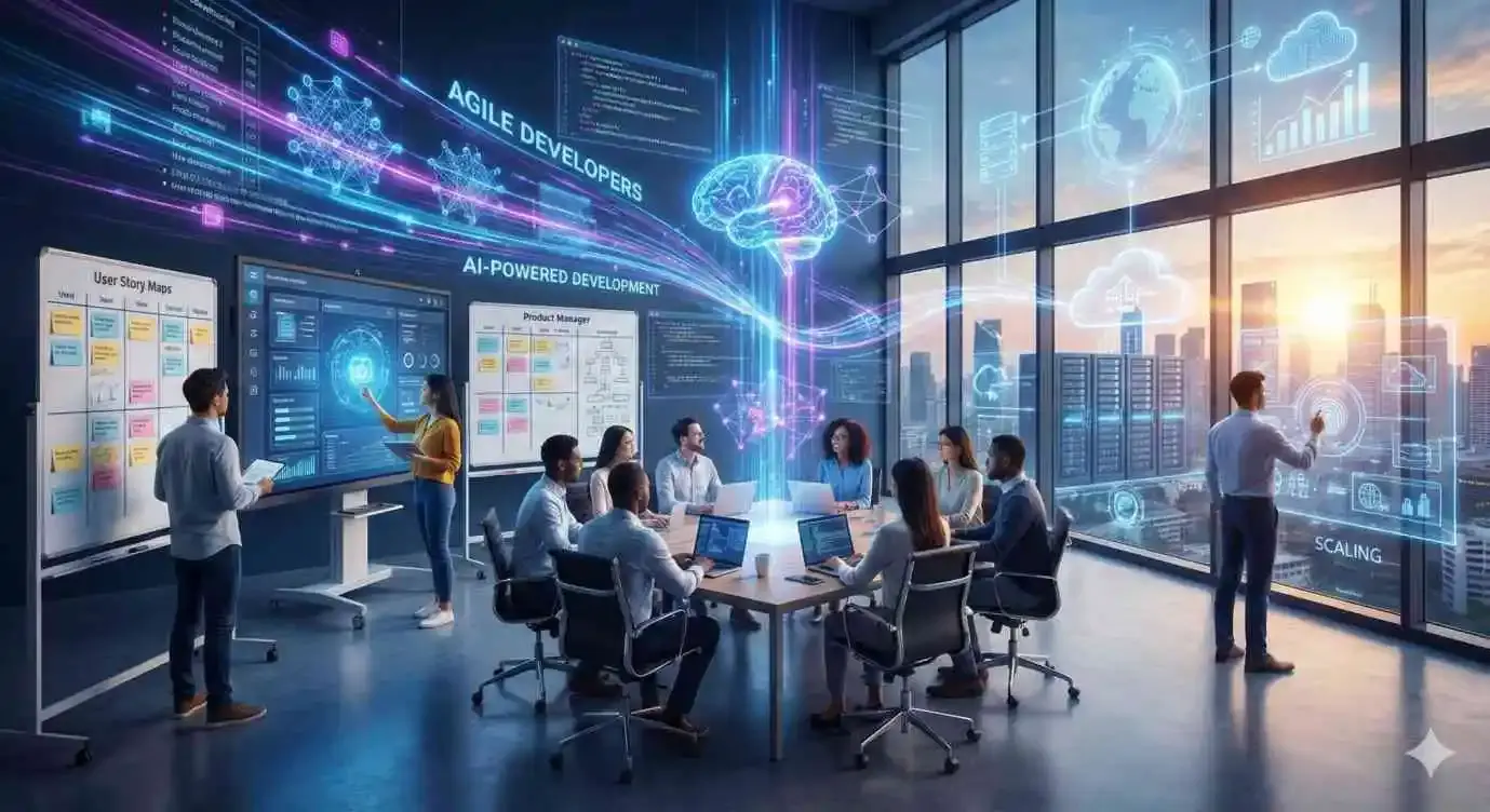 Futuristic agile software development dashboard with AI metrics
